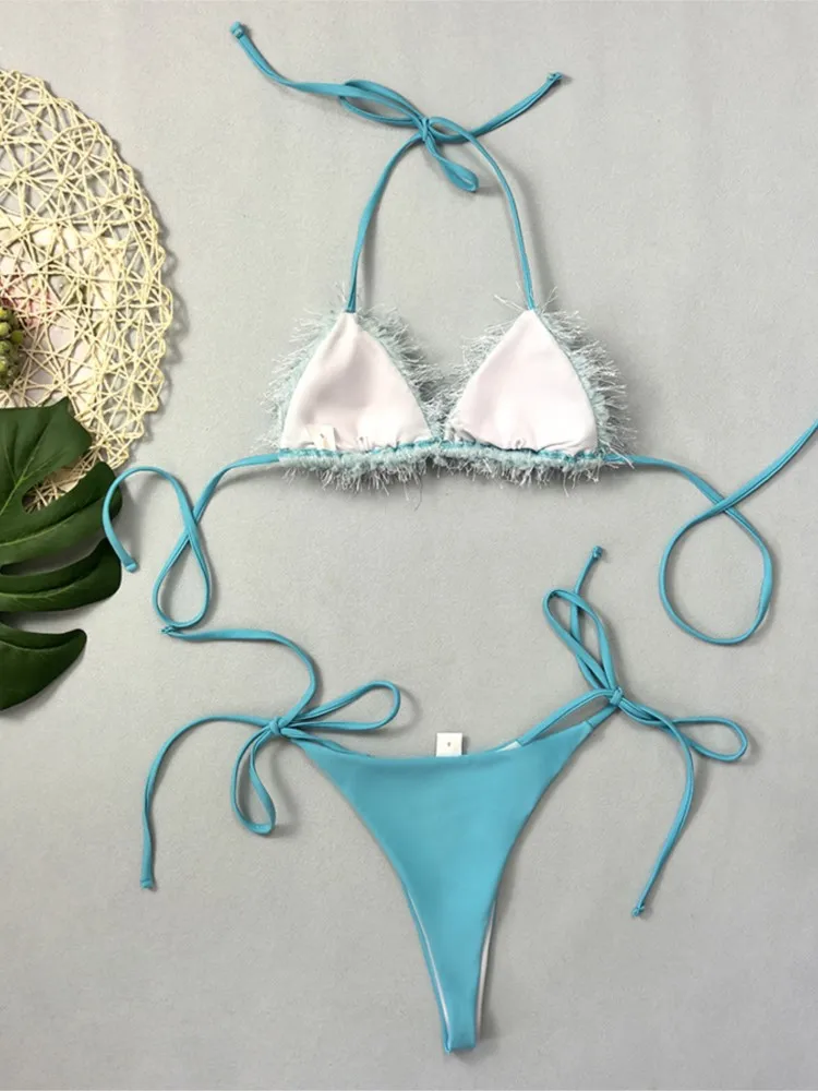 2025 مثير النساء ملابس السباحة الإناث الصلبة الأسود مايكرو الفراء مجموعة البكيني رفع ملابس السباحة ثونغ البرازيلي السباحة ثوب السباحة