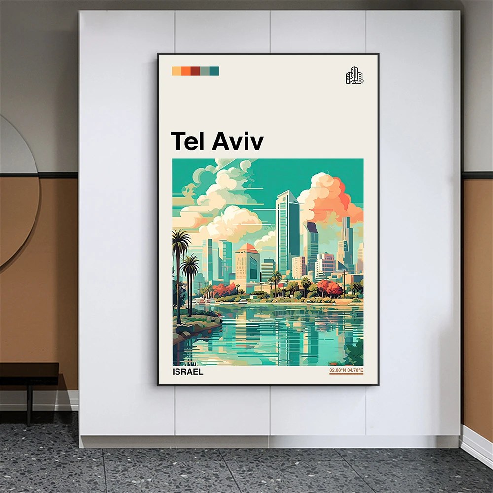 Tel Aviv Poster Israel Cityscape Travel Retro Prints Wall Art Travel Illustration Art Canvas Painting Office Home Room Decor