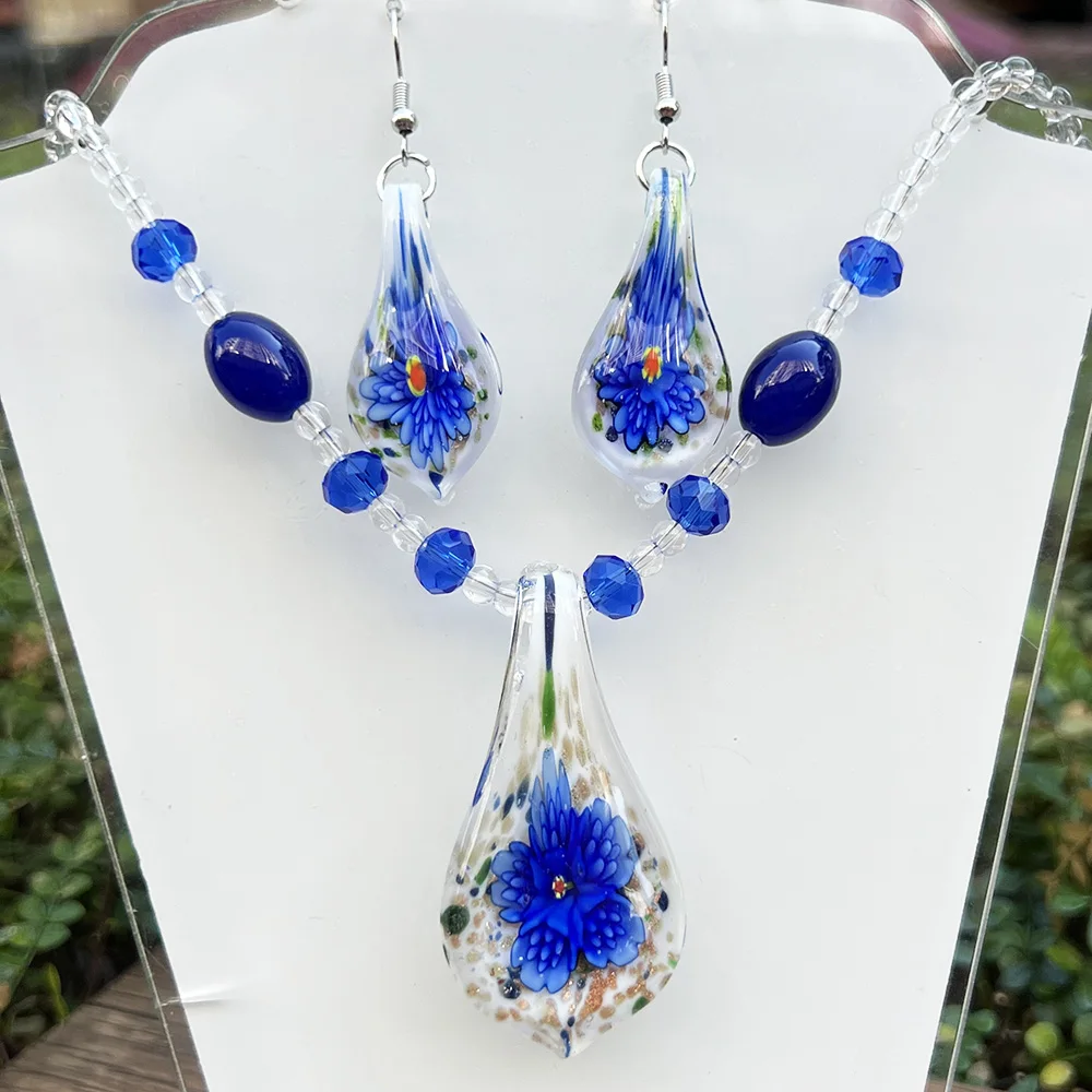 1 Set Chinese Style Handmade Murano Lampwork Glass Flower Pendant Fit Necklace Earrings Set Hot Jewelry Gift Fashion
