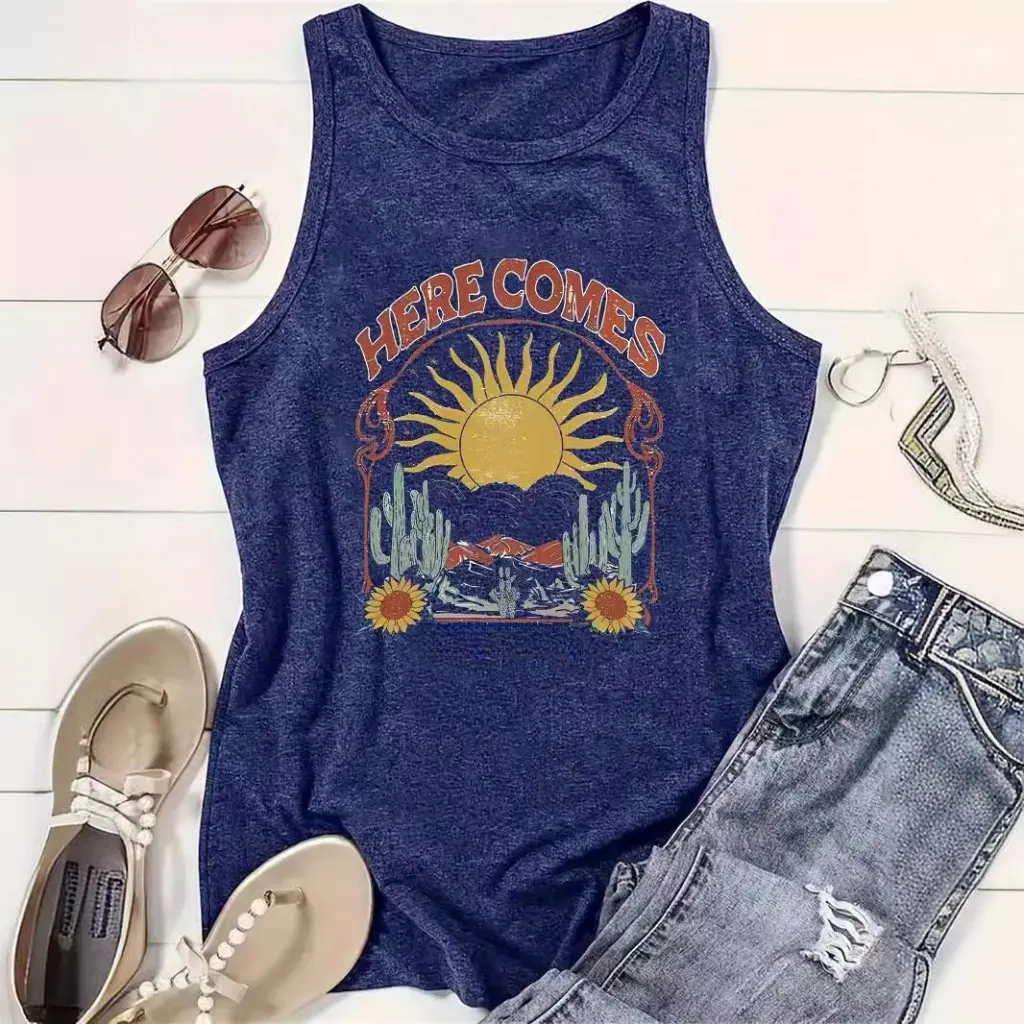 

Women's round Neck Sleeveless T-Shirt Sun Print Casual Top for Spring And Summer Export Vest Available on