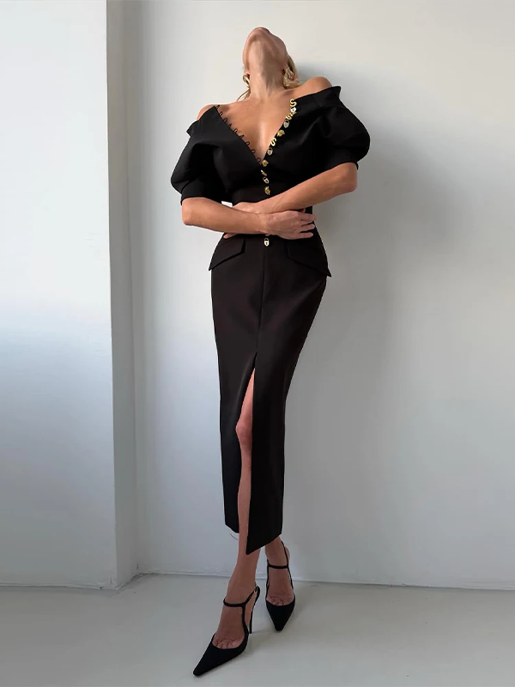 Tief Ausgeschnittenes Kurzarm-Kleid mit Taillenschnürung Langes Damenkleid Sexy Einreihiges Einfarbiges Schlankes Party-Abendkleid Schickes Damenkleid Vestido – Detail 27