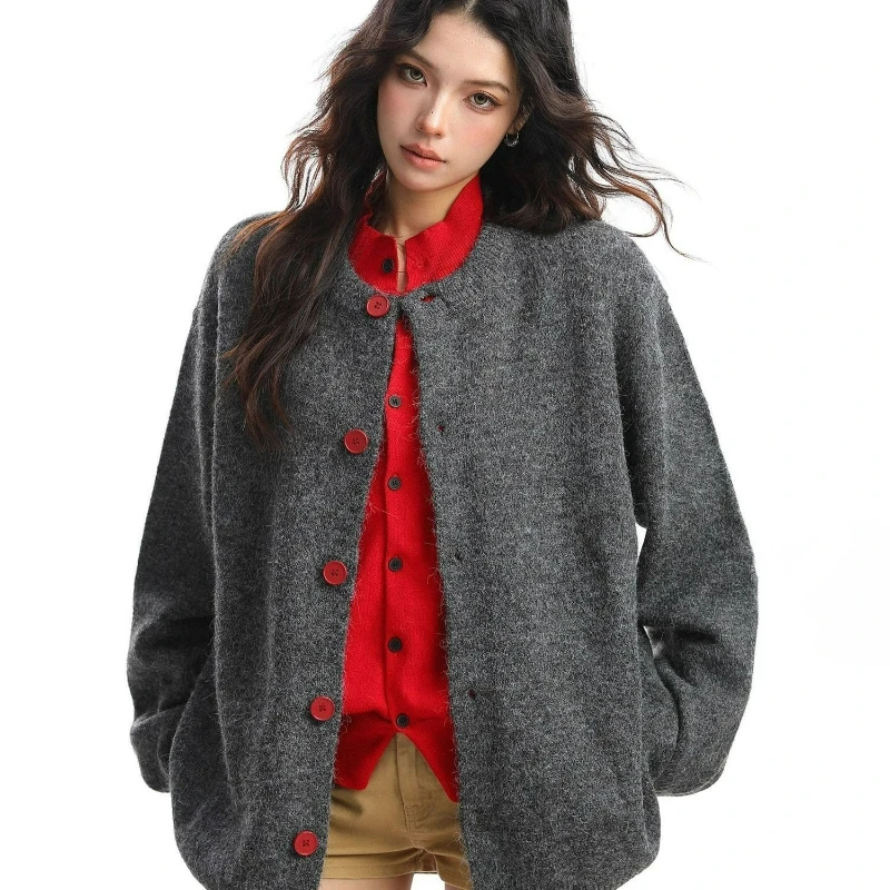 

New Fashionable Elegant Lady Loose Knitted Sweater Coat Korean-style Solid Color Single-breasted Cardigan for Women 2026 Autumn