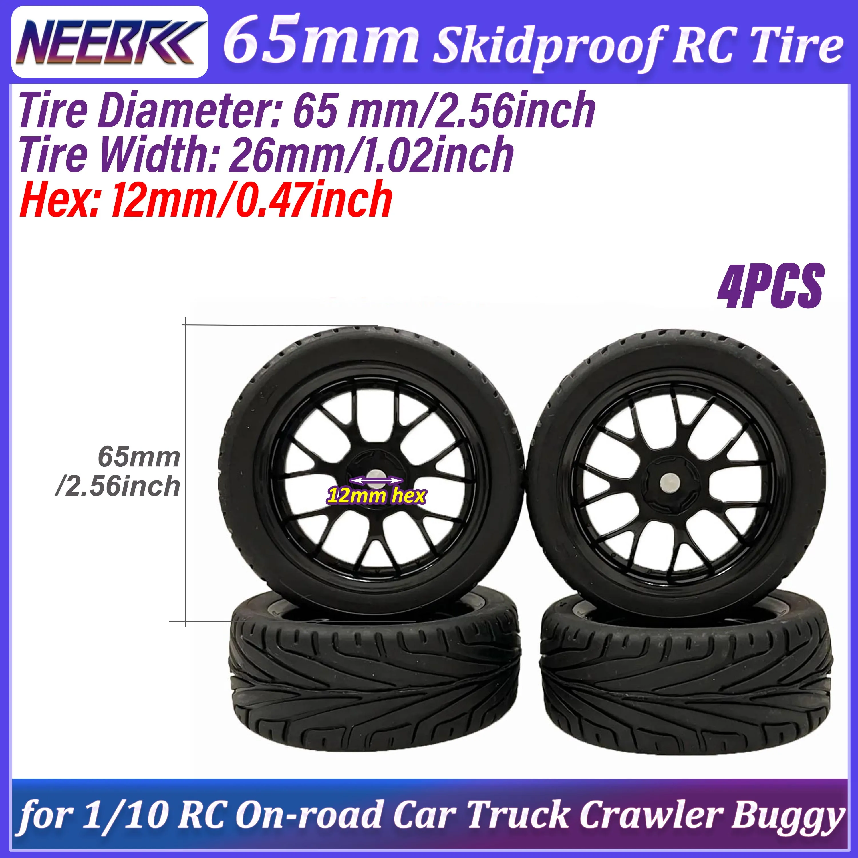 4 Stück 65mm RC-Reifen 12mm Sechskant-Nabe Radfelge Rutschfester Verschleißfester RC-Gummireifen für 1/10 RC On-Road Autos Truck Crawler Buggy