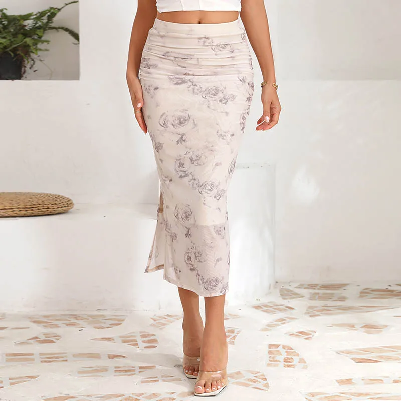 Damen-Midirock mit sexy Mesh-Print, seitlichem Schlitz und hoher Taille, eleganter Passform, fließendem Fall und vielseitigem Tragekomfort.