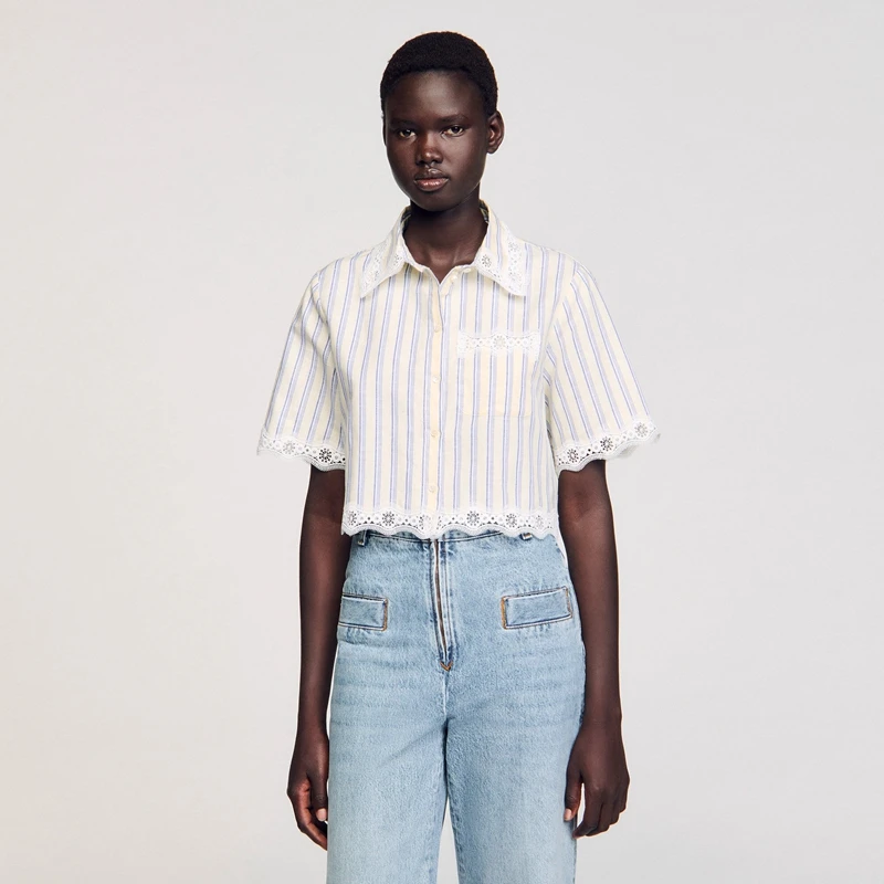 

Summer New ort Sve Lace Trim Cotton Linen irt Regular Fit Striped Pattern Busin Casual Sle Women's Premium Faion