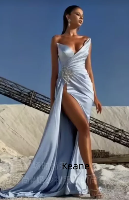 

Sky Blue High Slit Satin Evening Dresses Custom Made Dress for Special Occasions Prom Gowns