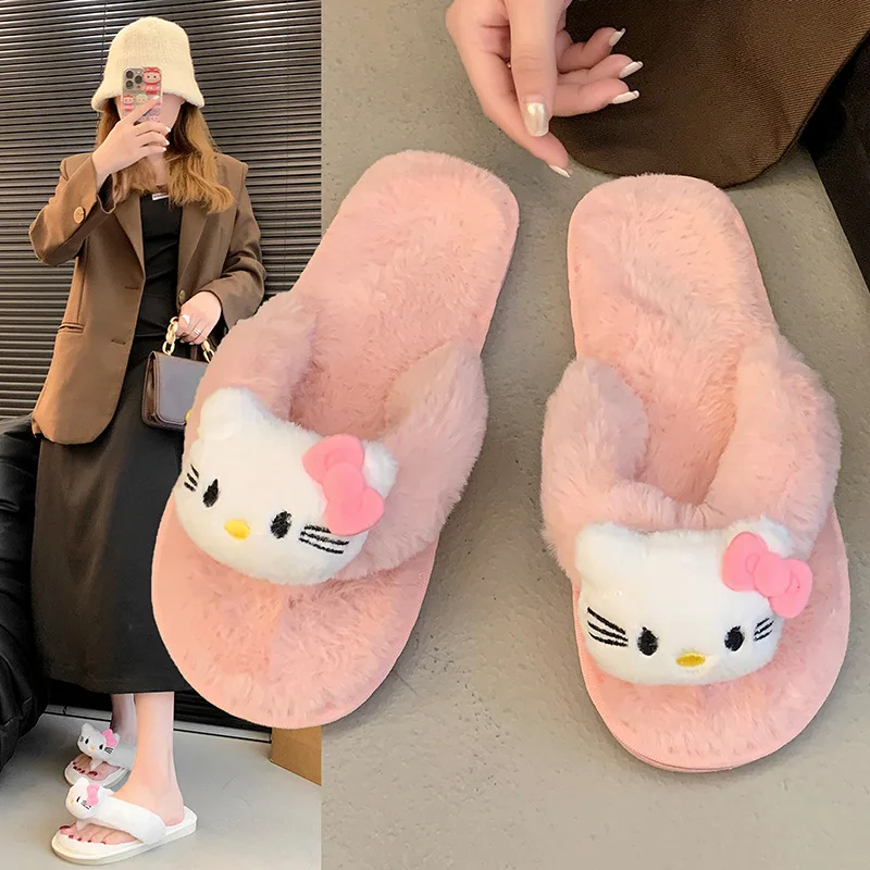 شبشب كاواي هالو كيتي من القطن القطيفة الجميلة للفتيات على طراز الشتاء للاستخدام المنزلي في الهواء الطلق، شباشب مريحة غير قابلة للانزلاق، هدية لطيفة