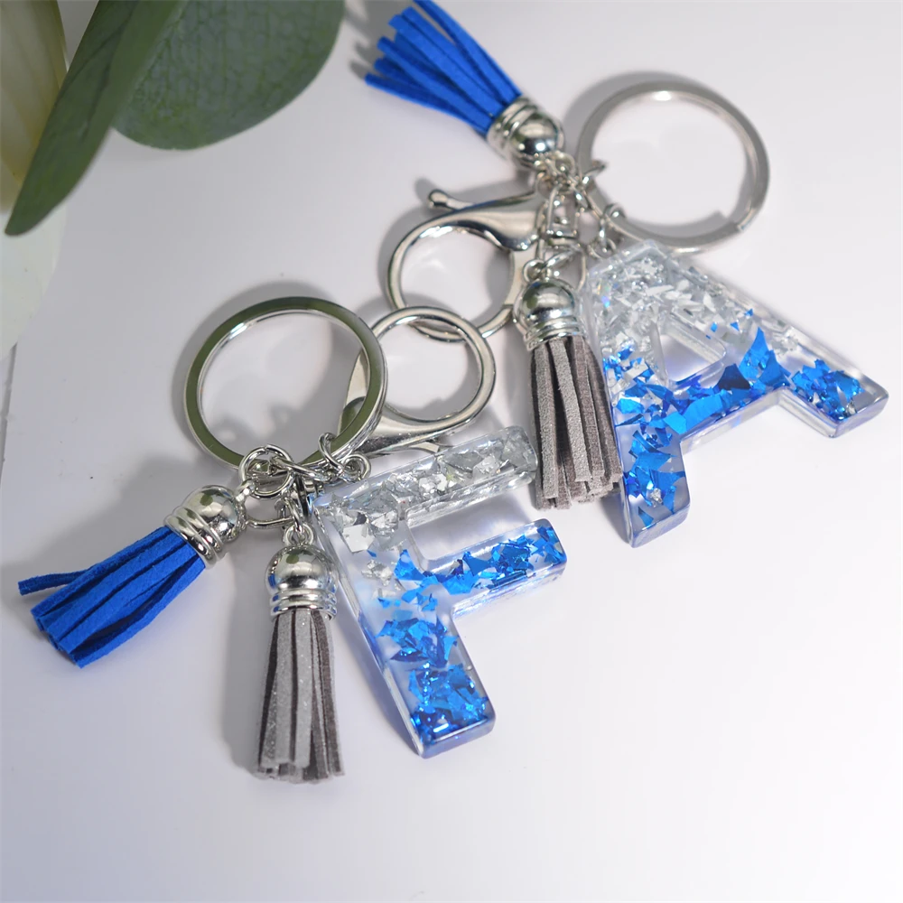 Creative 26 Letter Resin Keychains With Tassel Fashion Bule Sliver Color Sequin Filled Initials Keyrings Bag Pendant Accessories