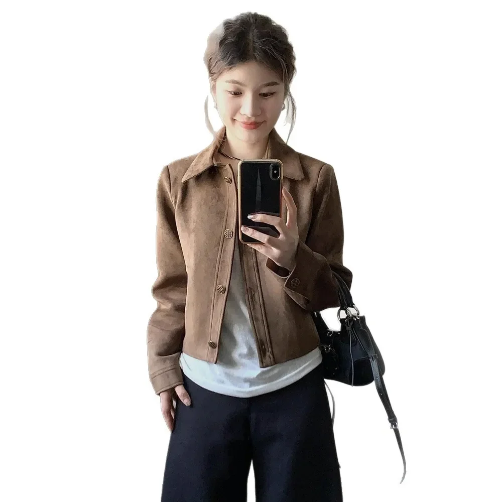 Giacca corta in pelle scamosciata da donna, vestibilità ampia e sottile, autunno inverno, nuovo stile vintage, bottoni, moda casual, top coat alla moda sexy