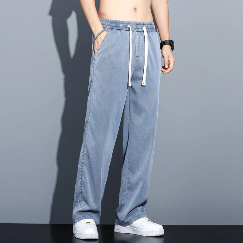 

2023 Summer Soft Men's Jeans Thin Loose Straight Pants Drawstring Elastic Waist Korea Casual Trousers Plus Size M-5XL