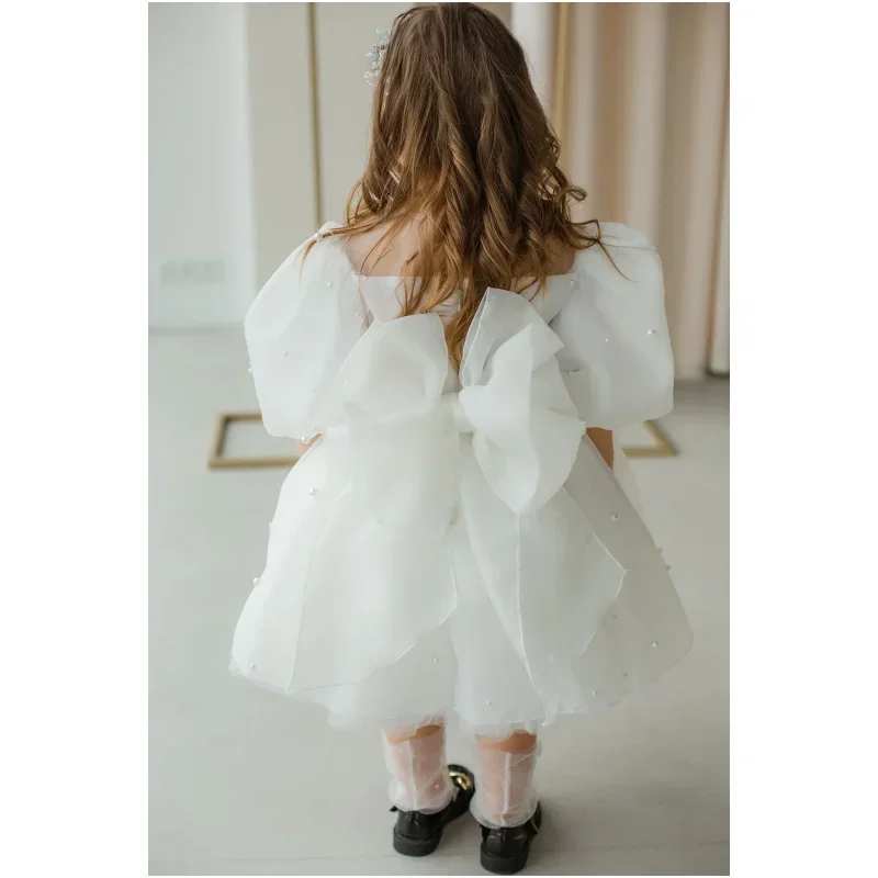 꽃의 소녀 드레스 흰색 Tulle 푹신한 아플리케 진주와 활 짧은 소매 결혼식 생일 파티 성찬식 가운