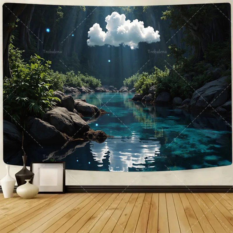

1pc Wall Tapestry Enchanted Forest Stream Tapestry - Serene Nature Scene with Sunlight and Clouds