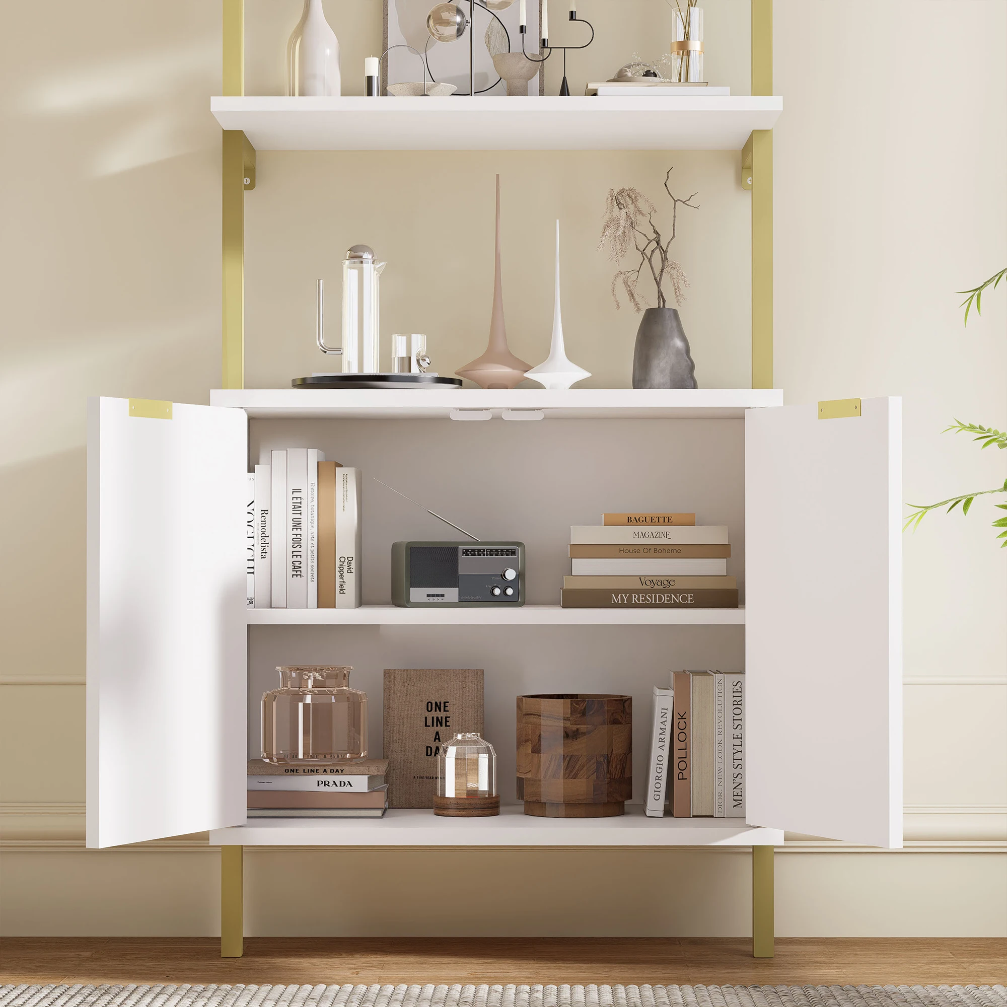 Ladder Bookshelf with Storage Cabinet 71'' Tall Wall Mount Bookcase with Metal Frame 5-Tier Display Rack for Living Room