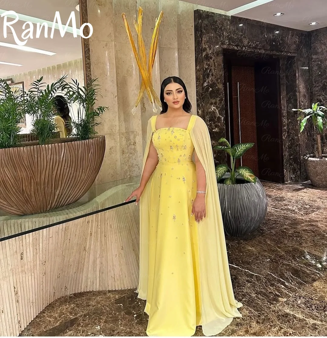 Ranmo personalizado mangas amarelas vestidos de baile pescoço quadrado vestidos de noche plissados miçangas vestidos de noite noche