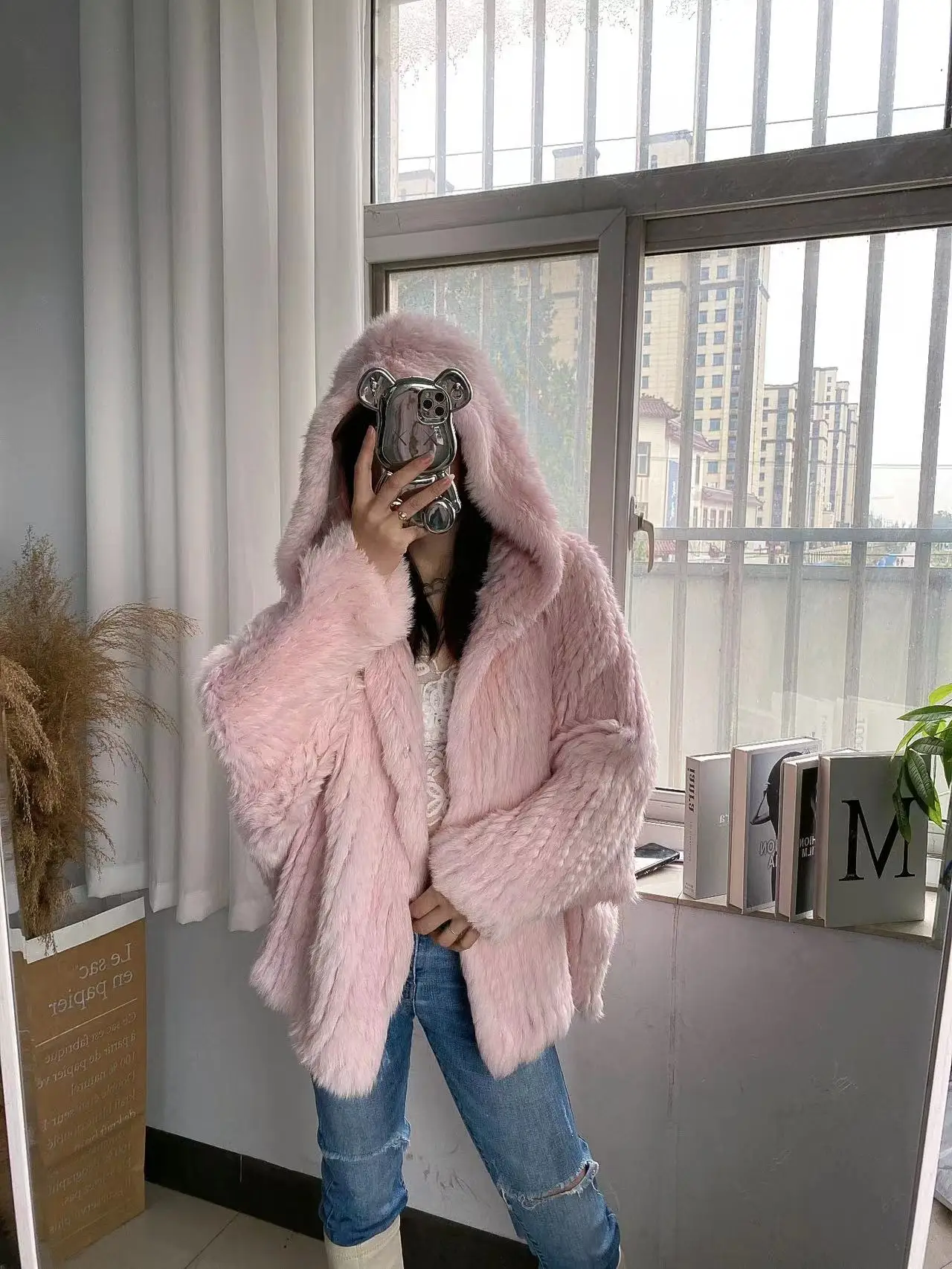 Furshehe Autumn Winter Women Real Rabbit Fur Knitted Coat Female Casual Long Sleeve Genuine Fur Jacket Thick Warm Outerwear New