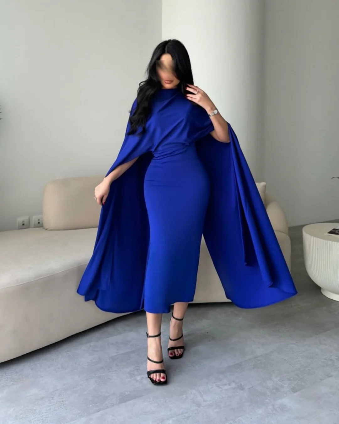 

Customized Mermaid Sleeveless Evening Dresses High Neck Tea Length Pleated Prom Dresses Vestidos De Noches Party Gowns