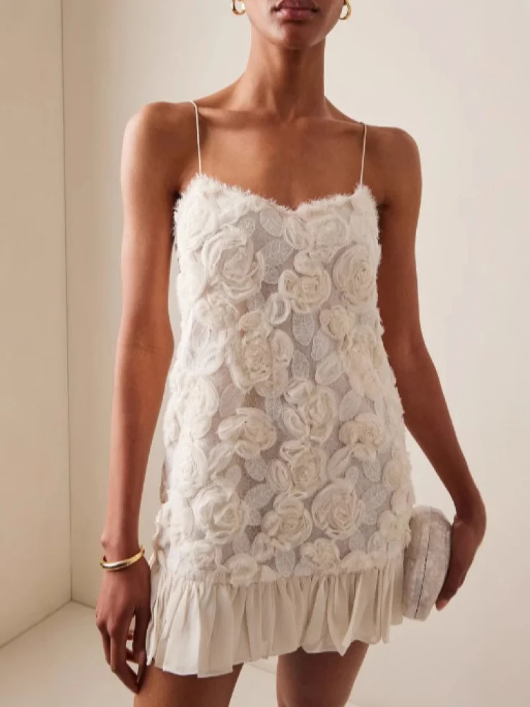 2023 neue Sommer Frauen Ärmelloses Blumen Dekoration Cami Kleid Sexy Elegante Mini Kleid für Grenzüberschreitende