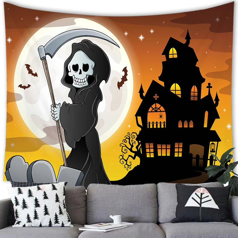 Twilight Dark Horror Pumpkin House Cemetery Castle Halloween Tapestry Wall Hanging Home Decor  Art 