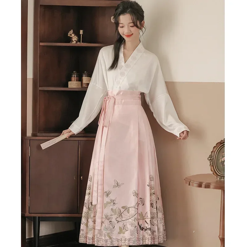 Female Elegant Gentle Hanfu Set New Chinese Style Improved Hanfu Pink Print Horse Face Skirt White Shirt Vintage Mamianqun Suit