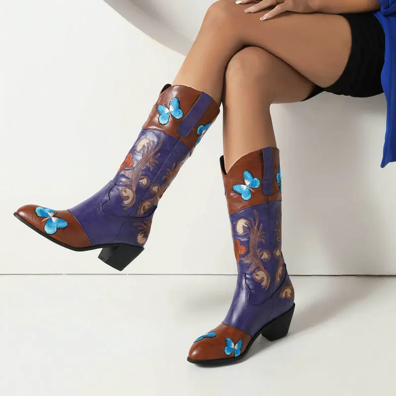 New Women's Western Cowboy Boots Embroidered Horse Riding Pull On Round Toe Purple Chunky High Heel Mid Calf Boots