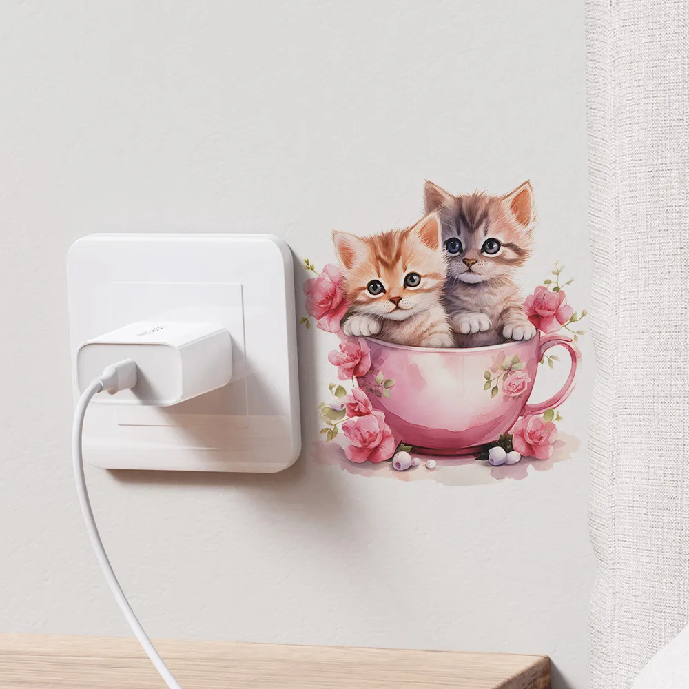 

Cartoon Tea Cup Cat Flower Switch Sticker Living Room Bedroom Home Decoration Mural Cute Kitten Self-adhesive Wall Decor Decals
