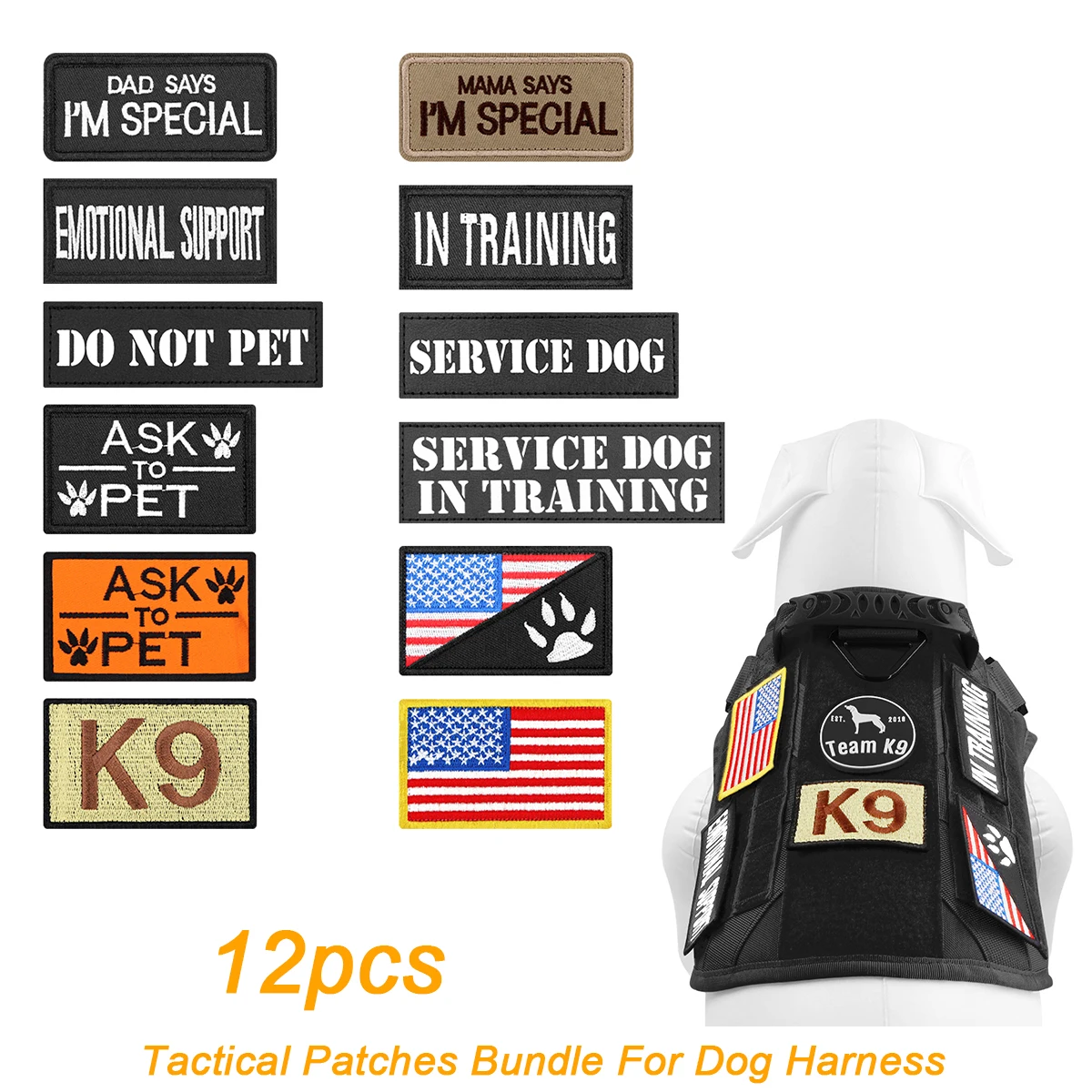 12 Pieces Tactical Patch Bundle for Dog Vest Harness Collar Personalized Patches Tags Sticker K9 Label Military Service Dog