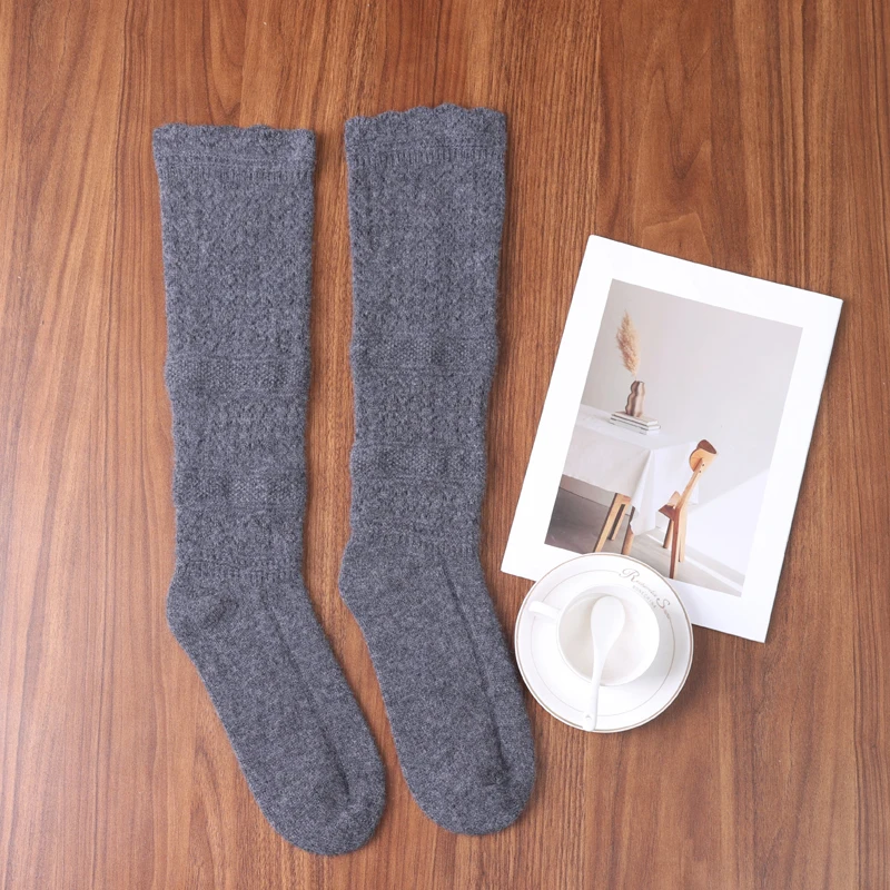 

Women's 100% Wool Solid Color Knitted Middle Tube Socks with Hollow out Print Warm Wave Edge for Boot Wear