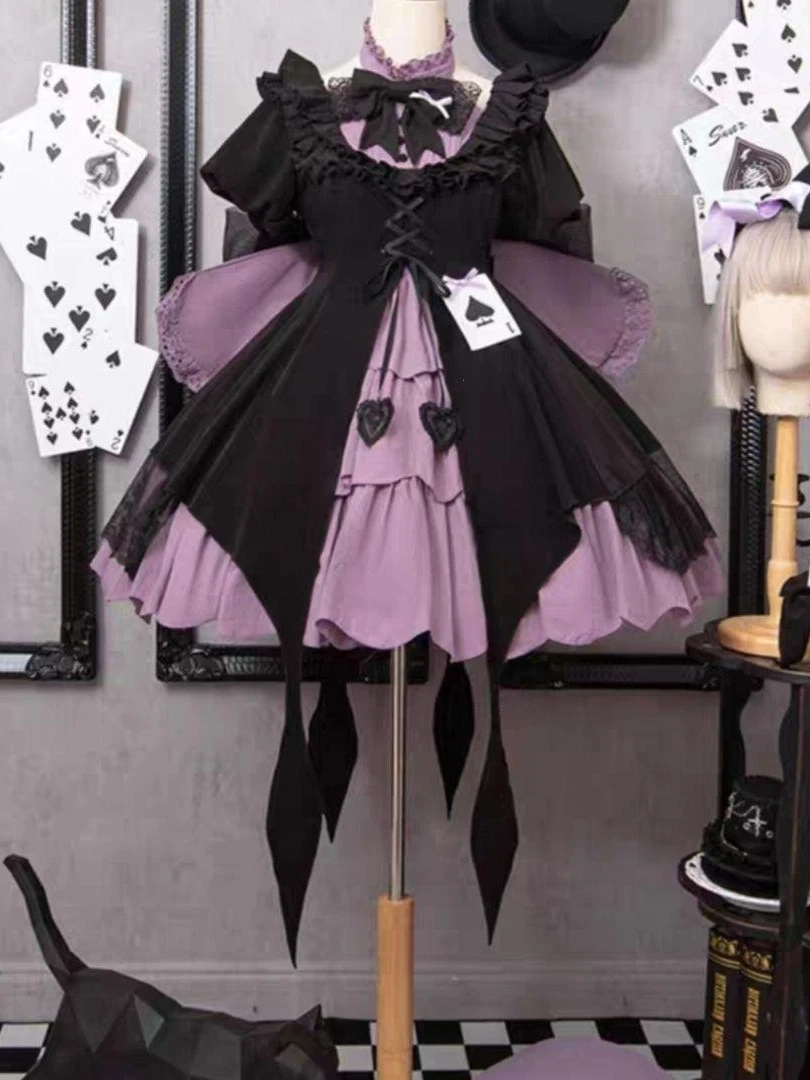 Cos Lolita Girl Strange Thief Spades A Original Lolita Magic Girl High Waist Short Sleeve Dress Retro Gothic Dress