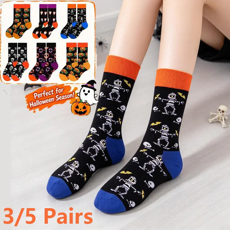 3/5 Pairs Halloween Funny Socks Patterns Pumpkin Skull Ghost Print Sock Soft Stretchable Middle Tube Socks for Men Women