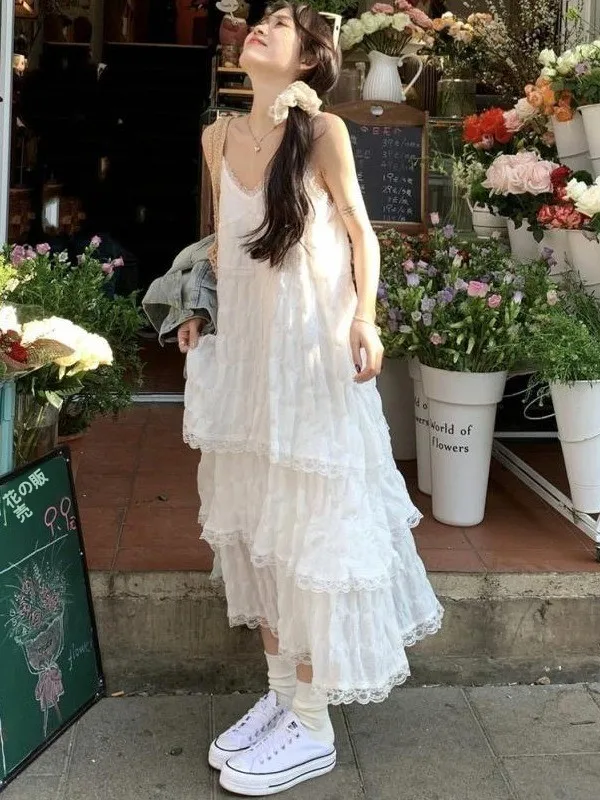White Lace Summer Dress Women's Beach Vacation Skirt Style Korean mid Waist H-Shape Standard Fit Casual No Sleeve Dress