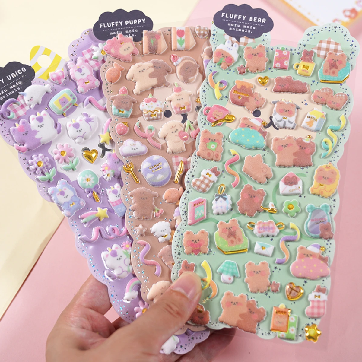 1 pc losowe Kawaii puszysty królik miś 3D pozłacane naklejki Scrapbooking Diy dziennik papeteria naklejki