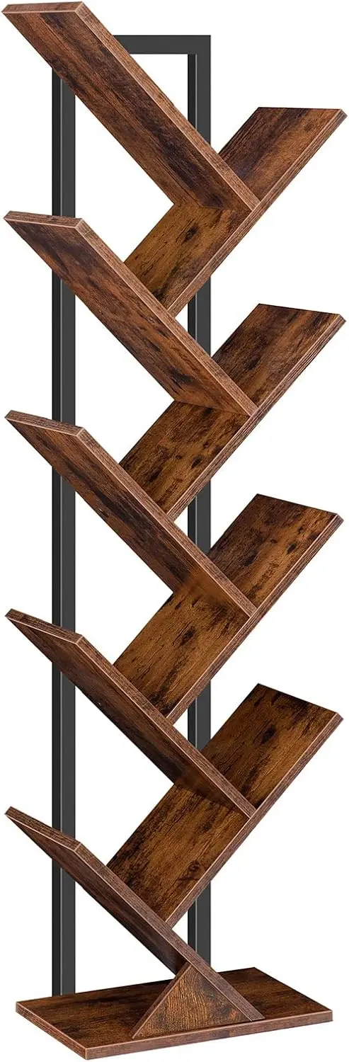 

9-Tier Wooden Bookshelf Floor Standing Storage Rack for Books CDs Display in Living Room Home Office Bedroom Rustic Brown
