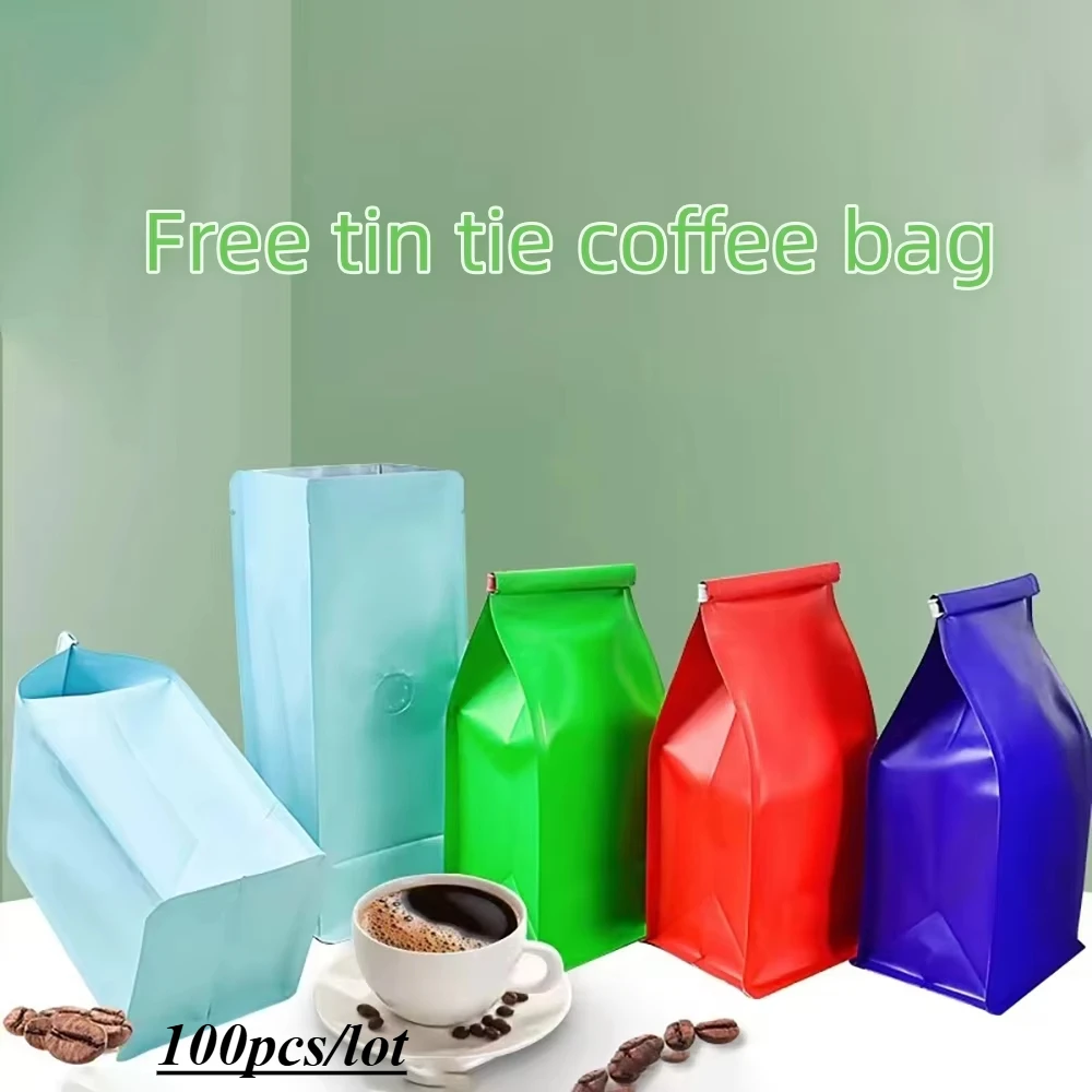 

100pcs Free Tin Tie Open Top 250g 500g Tea Ground Coffee Beans Powder Flat Bottom Storage Bag with Degassing Valve