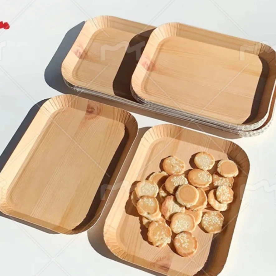 

Disposable Rectangle Plates Compostable Wood Grain Paper Tray Bread Dish Dinner Paper Plate Disposable Table Accessorie retail