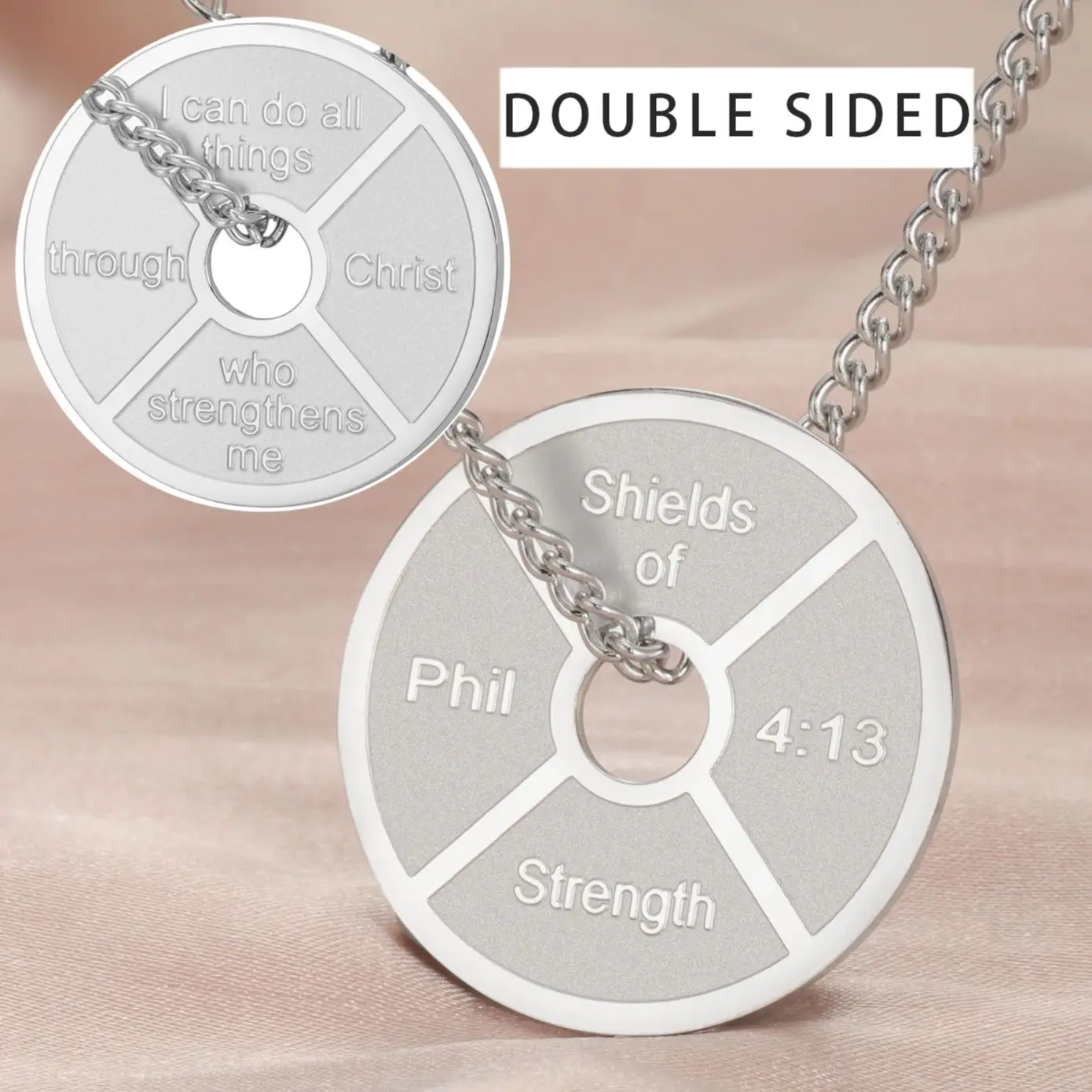 LIKGREAT Round Shields of Strength Necklace for Men Women Stainless Steel Philippians 4:13 Bible Verse Medallion Pendant Jewelry