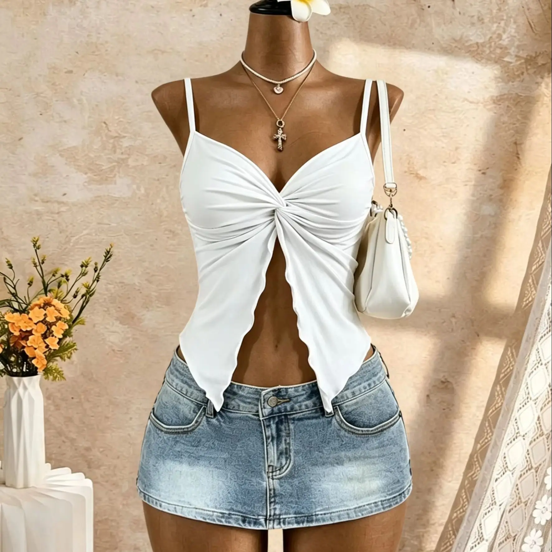 Damen Spaghetti-Träger V-Ausschnitt Twist-Front Cut-Out Rüschen Unregelmäßiger Saum Slim Fit Crop Cami Top 2026 Sommer Y2K Einfarbig Weiß Ärmellos – Detail 9