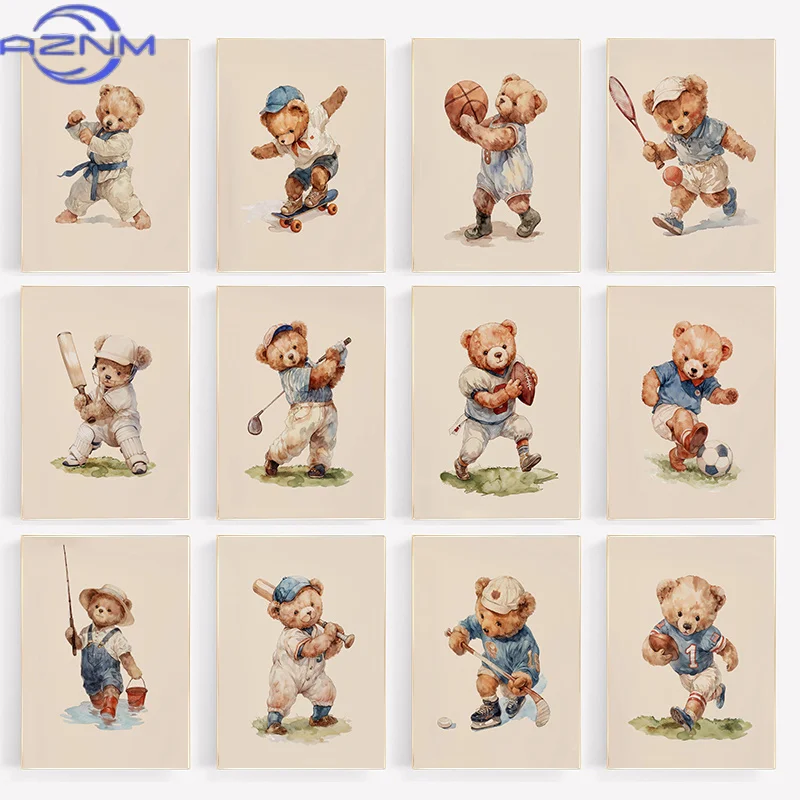 AZNM 1pc frameless Canvas Painting Vintage Teddy Bear Sports Watercolor Posters and Prints Canvas Printing Sporty Wall Art Pictu