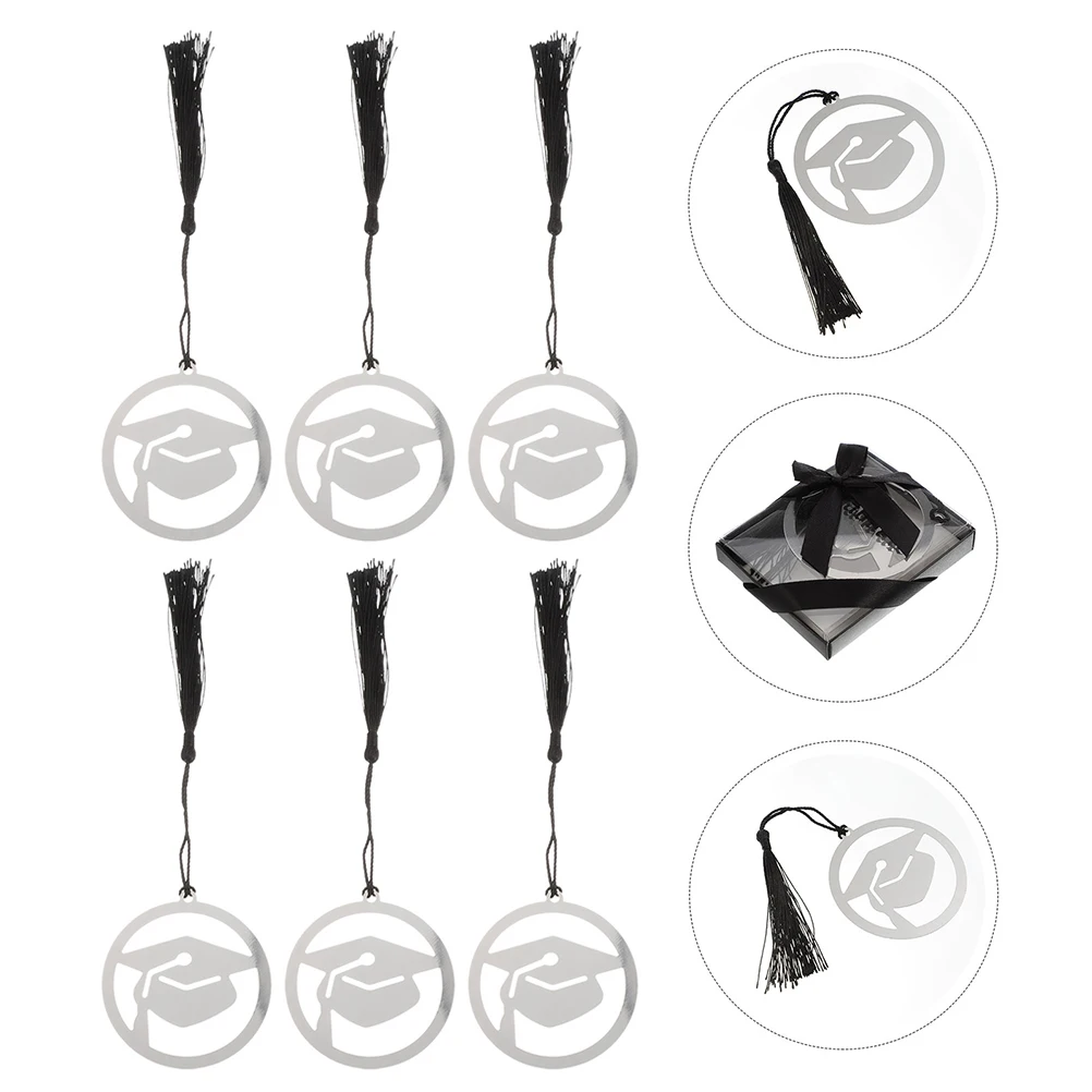 

6Pcs Stainless Steel Graduation Bookmarks Tassel Doctoral Hat Hollowed Book Page Markers Reading Decor Graduation Bookmarks