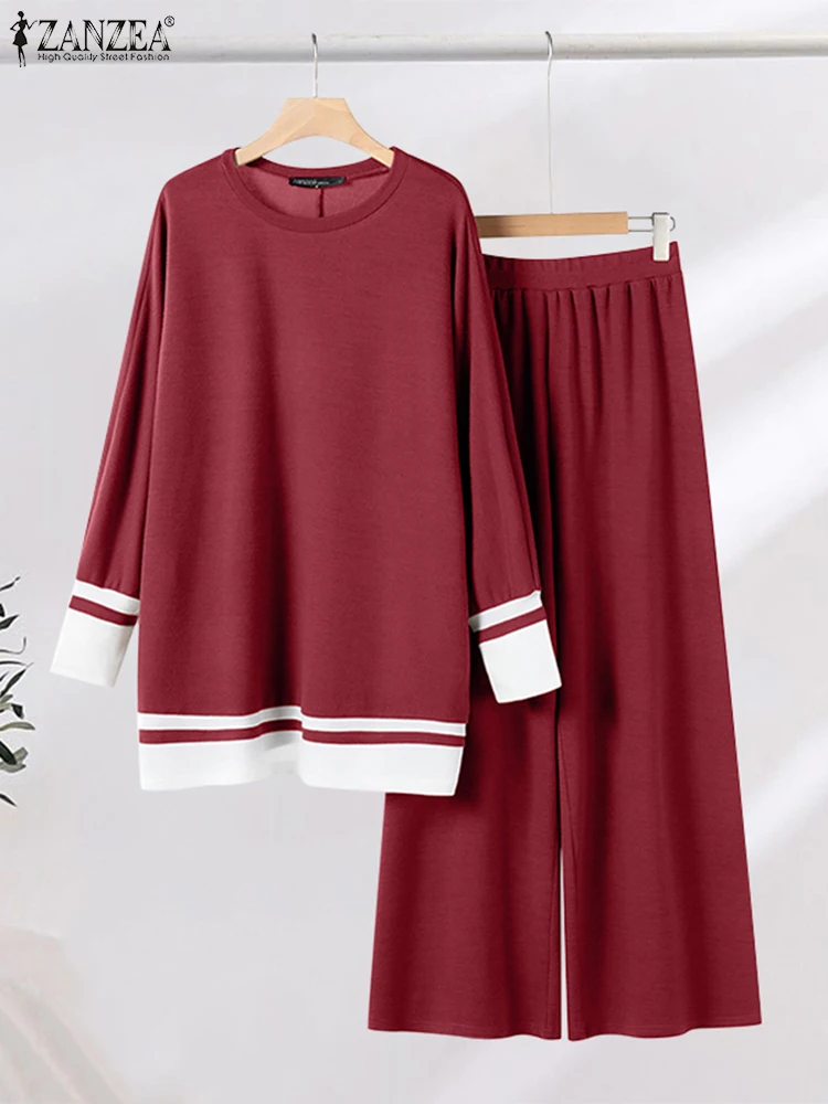 

ZANZEA Women 2pcs Pant Suits 2025 Spring Tees Outfits Fashion Knitted Matching Sets Holiday Korean Colorblock Loose Tracksuits