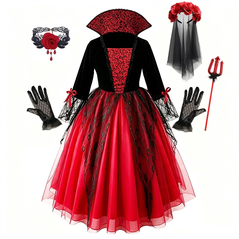 Girls Cosplay Halloween Vampire Devil Dress for Kids Ghost Bride Gothic Costume Vampire Carnival Outfits Black Red Mesh Clothes
