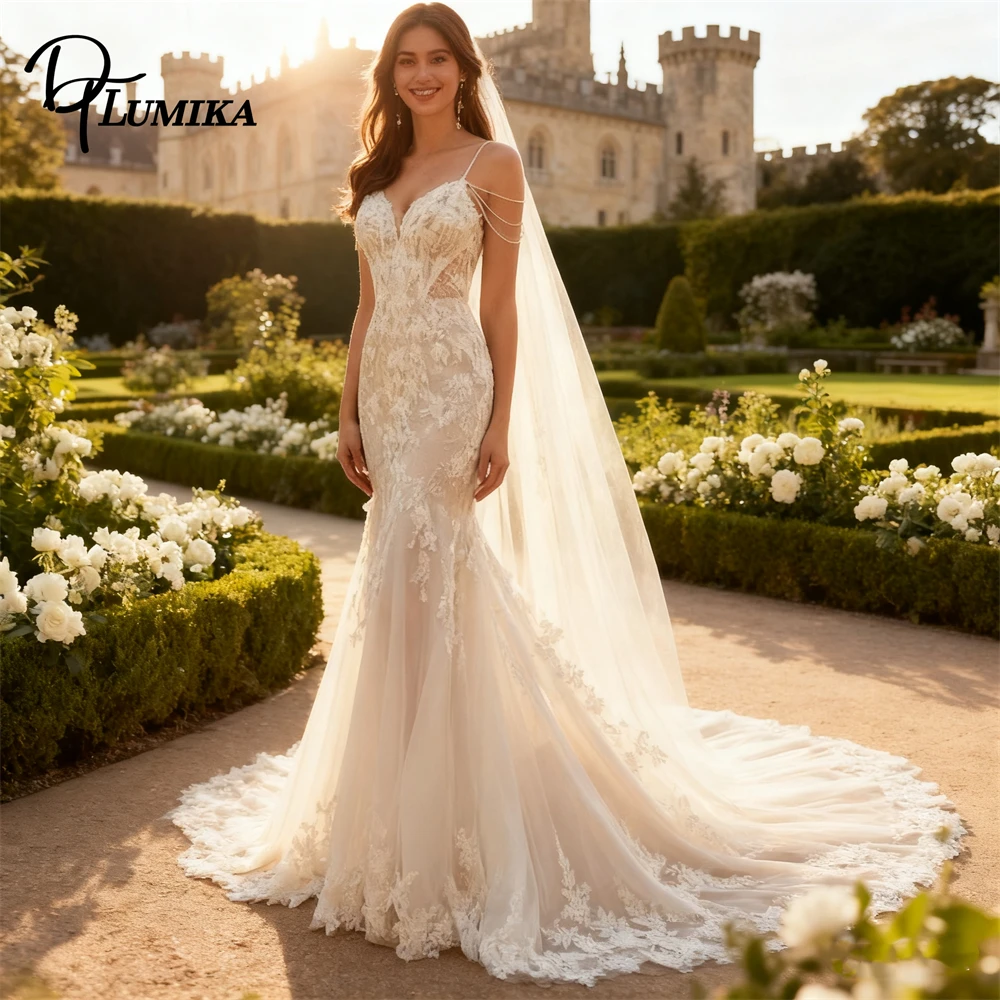 DTLumika Classic Mermaid Lace Bride Dress Spaghetti Straps Long Court Train Made-to-Order Womens Long Wedding Dresses