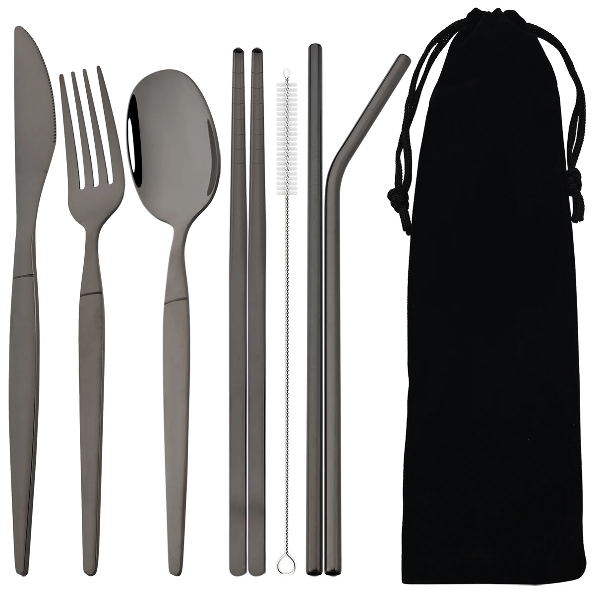 

8pcs/set Stainless Steel Tableware Set Outdoor Portable Cloth Bag Dinnerware Set with Knife Fork Spoon Chopsticks Straw Brush