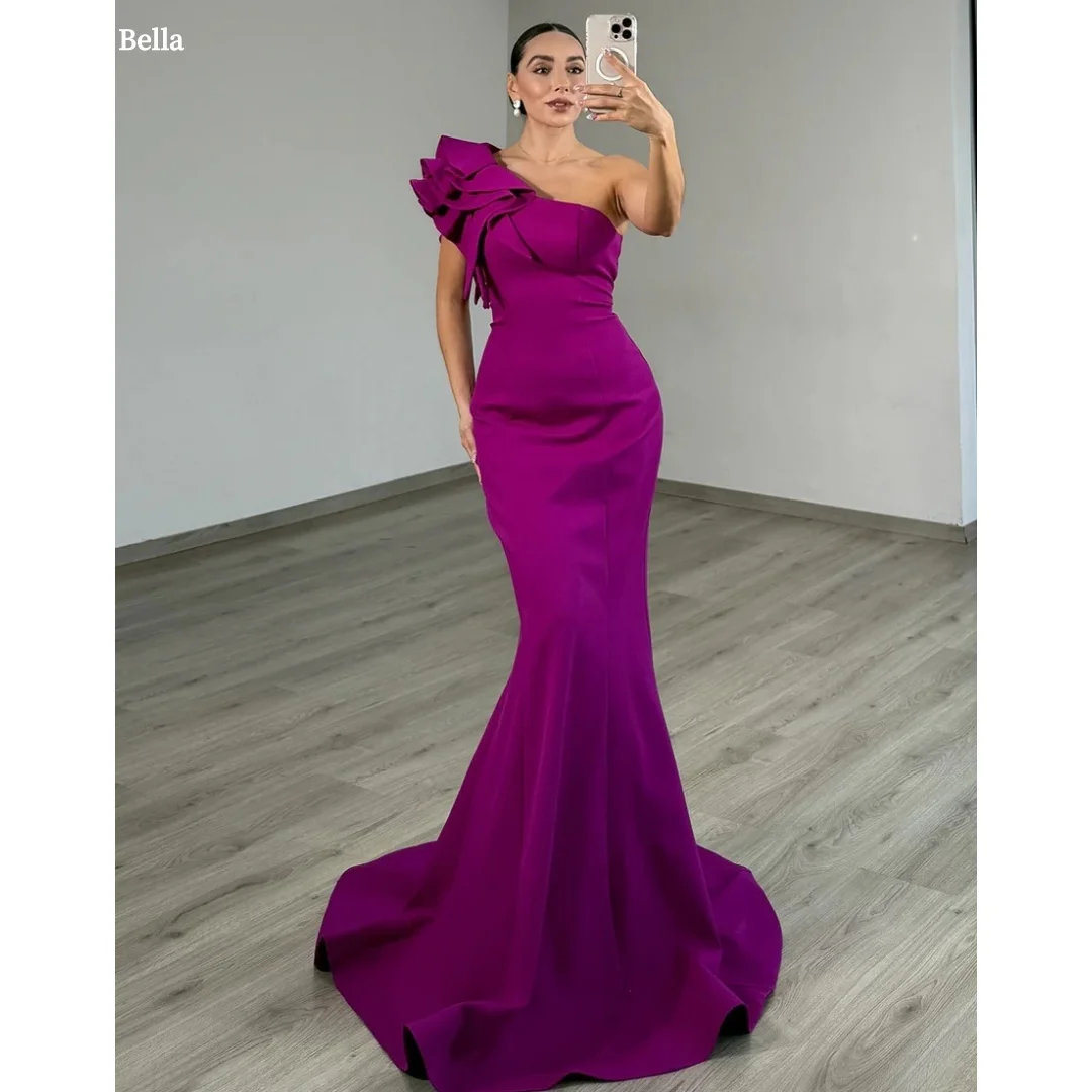 Bella personalizado fucsia un hombro decoración de lazo batas de satén de velada cola de sirena vestido largo elegante vestidos de fiesta con estilo