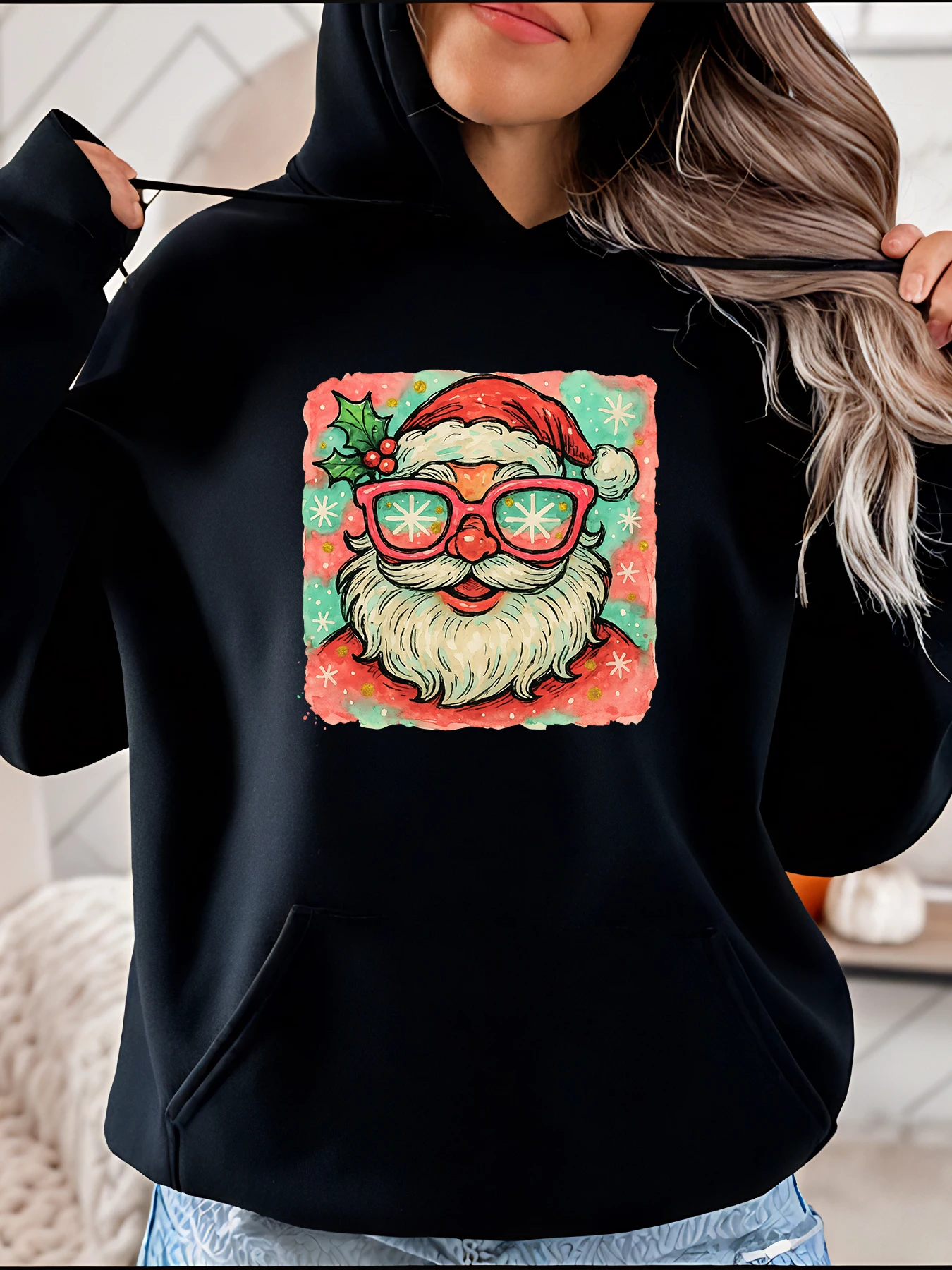

Санта-Клаус с солнцезащитными очками, толстовка с принтом, повседневный рождественский праздничный дизайн, женский зимний наряд