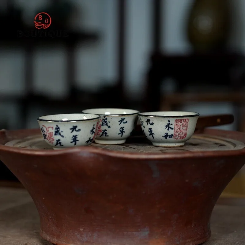 Antique Hand Painted Calligraphy Teacup Small Chinese Tea Pair Jingdezhen Cups Ceramics Pottery Home Teaware Tea Bowl Camping