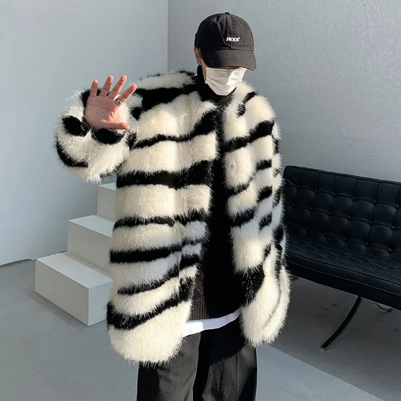 IEFB Male Loose Fur Coat Men's Contrast Color Striped Round Neck 2024 Autumn High Street Male Cotton Overcoat Stylish 24A1117