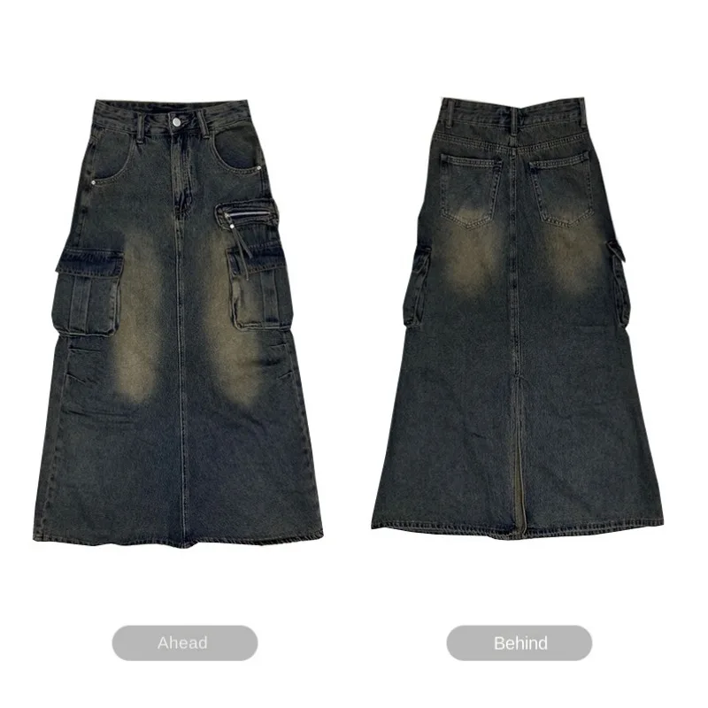 Damen High-Waist-Schlitz-Mermaid-Plissee-Cargo-Denim-Midirock, stilvolles Design, lässiger Damen-Midirock – Detail 8