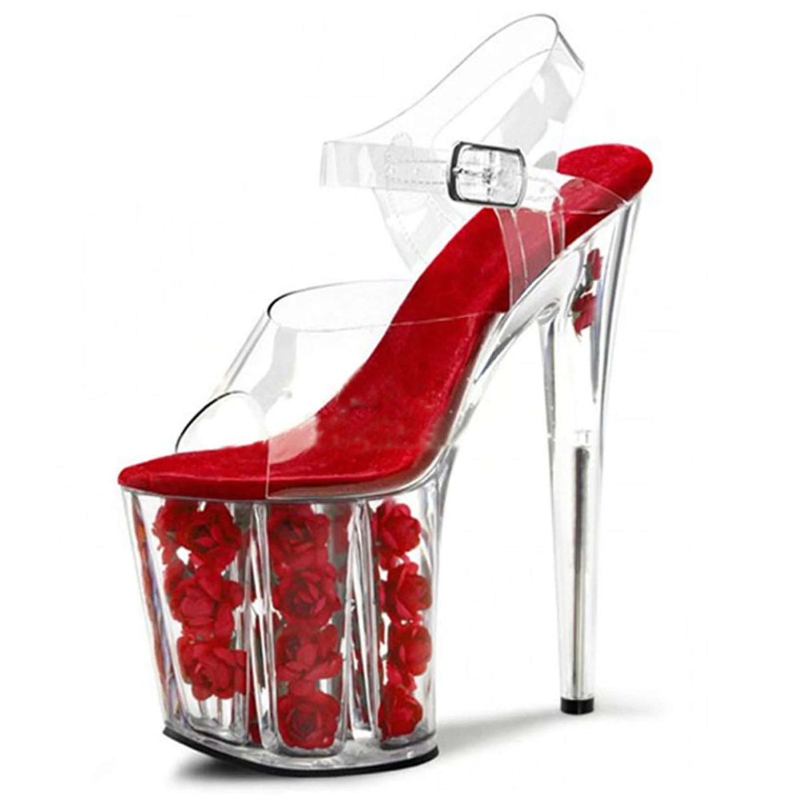 

20CM Crystal Heel Wedding Shoes, Transparent Platform Sandals with Red Lining & Floral Embellishment, Elegant Bridal Heels for H
