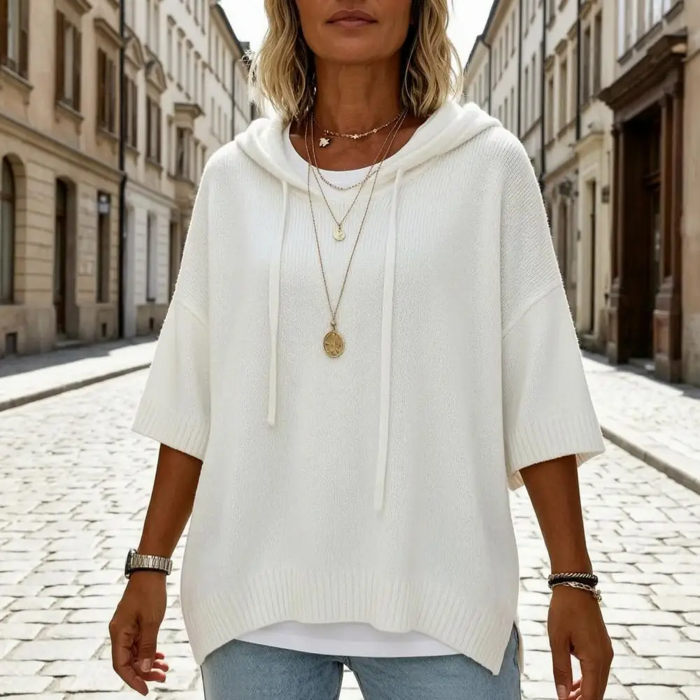Solid Color Sweater Autumn Women Knit Pullover Sweater Loose Fit Drawstring Hoodie 3/4 Sleeve Drop Shoulder Top Solid Color