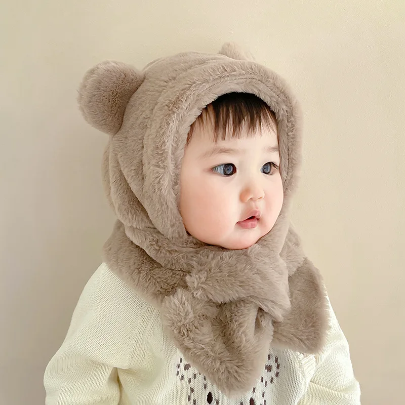 Gorro de invierno para bebé, bufanda de una pieza de piel sintética, sombreros para niños, gorro cálido con cuello y orejas de oso de dibujos